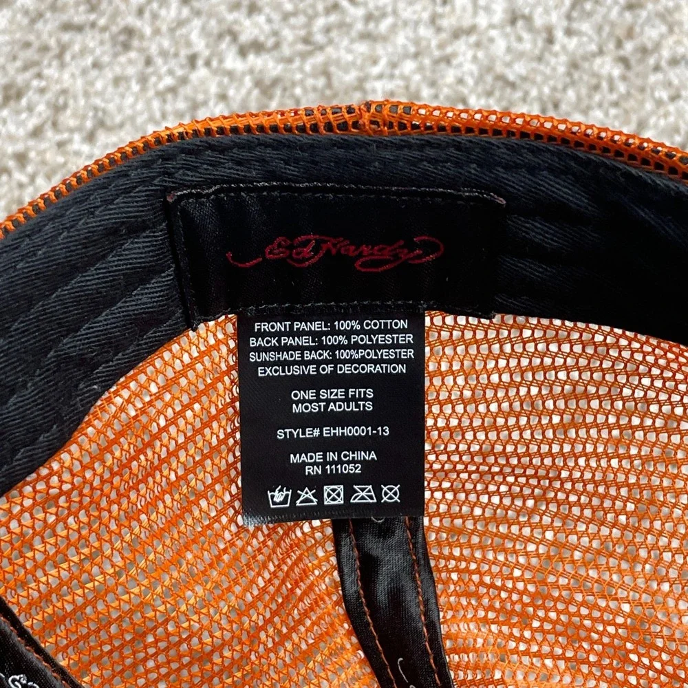Ed Hardy Trucker Hat Embroidered Tiger Big Graphic Spellout Orange Snapback OS